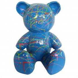 Statue Ours multicolore en résine fond bleu - 35 cm