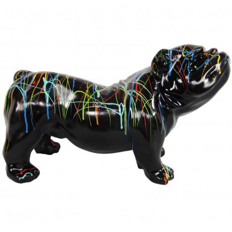 Statue en résine chien bouledogue anglais multicolore fond noir - 60 cm