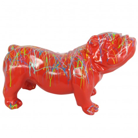 Statue en résine chien bouledogue anglais multicolore fond rouge - 60 cm