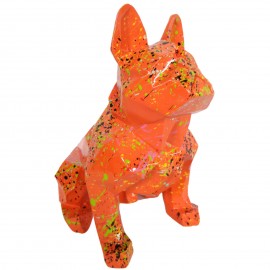 Statue bouledogue français origami en résine multicolore fond orange 30 cm