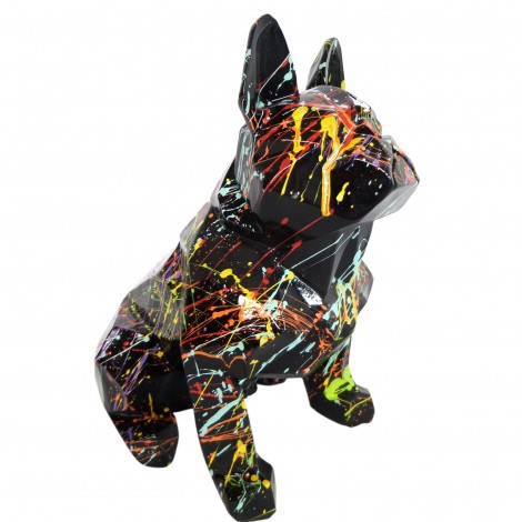 Statue bouledogue français origami en résine multicolore fond noir 30 cm