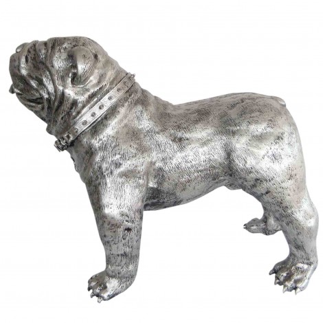 Statue en résine CHIEN bouledogue anglais gris métal avec collier - 90 cm