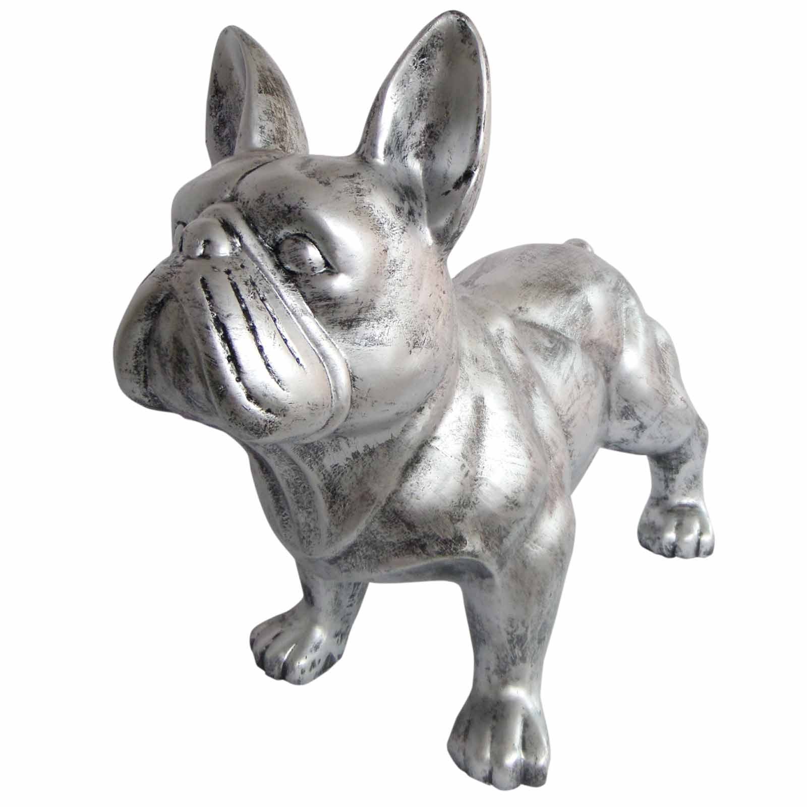 Grande Statue Chien Bouledogue Français En Résine, Patine Acier, Hauteur 85 Cm (NEUF)