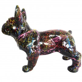 Statue chien en résine bouledogue Français multicolore fond noir - 50 cm