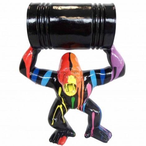 Statue en résine Donkey Kong gorille singe multicolore fond noir avec tonneau 45 cm