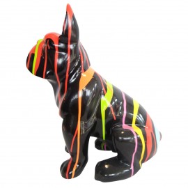 Statue chien en résine bouledogue Français assis multicolore fond noir - 43 cm