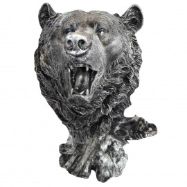 Statue tête d'ours en résine patine acier - 55 cm