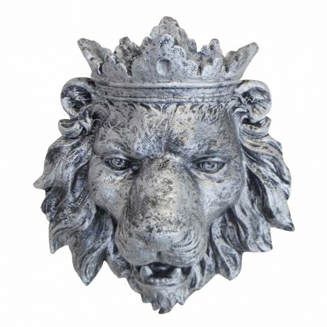 Tête de lion murale couronnée en résine couleur acier 63 cm trophée