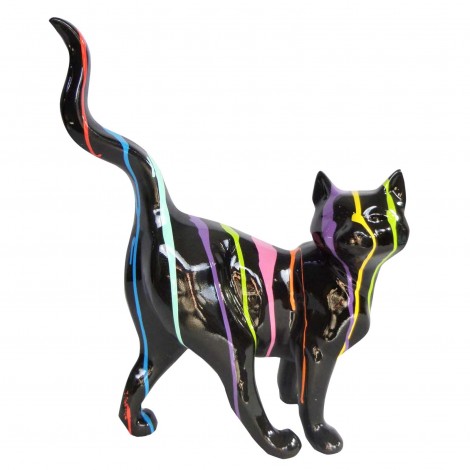 Statue chat en résine queue droite multicolore fond noir 50 cm