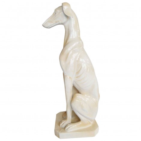 Statue chien assis sur socle lévrier en résine patine effet antique 80 cm