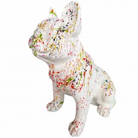 Statue chien en résine bouledogue Français assis multicolore fond blanc - 33 cm
