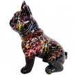 Statue chien en résine bouledogue Français assis multicolore fond noir - 33 cm