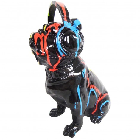 Statue chien en résine bouledogue Français assis multicolore casque audio - 30 cm