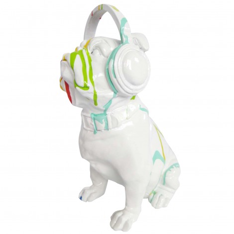 Statue chien en résine bouledogue Français assis multicolore blanc casque audio - 30 cm