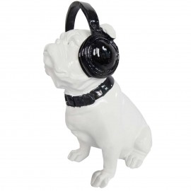 Statue chien en résine bouledogue Français assis blanc casque audio - 30 cm
