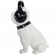 Statue chien en résine bouledogue Français assis blanc casque audio - 30 cm