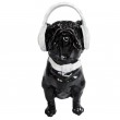 Statue chien en résine bouledogue Français assis noir casque audio - 30 cm