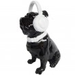 Statue chien en résine bouledogue Français assis noir casque audio - 30 cm