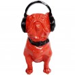 Statue chien en résine bouledogue Français assis rouge casque audio - 30 cm