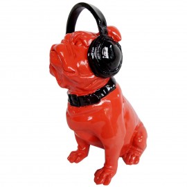 Statue chien en résine bouledogue Français assis rouge casque audio - 30 cm