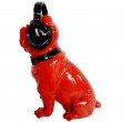 Statue chien en résine bouledogue Français assis rouge casque audio - 30 cm