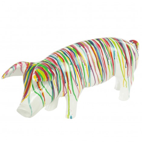 Statue en résine cochon multicolore fond blanc - Vincent - 60 cm