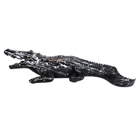 Statue en résine crocodile noir et argent gueule ouverte - 70 cm