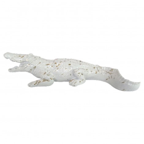 Statue en résine crocodile blanc et doré gueule ouverte - 70 cm