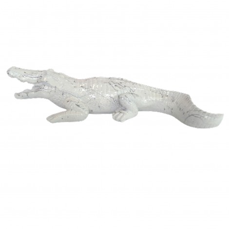 Statue en résine crocodile blanc et argent gueule ouverte - 70 cm