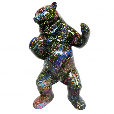 Statue Ours agressif debout multicolore plus fond noir en résine - 60 cm