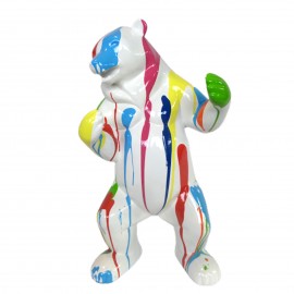 Statue Ours multicolore fond blanc agressif debout en résine - 60 cm