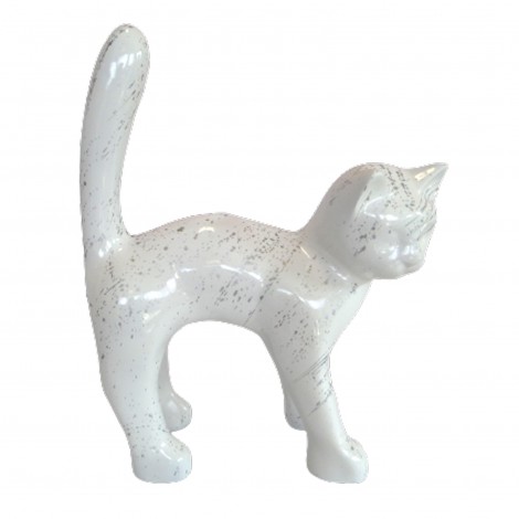 Statue chat en résine queue droite multicolore fond blanc et argent 45 cm