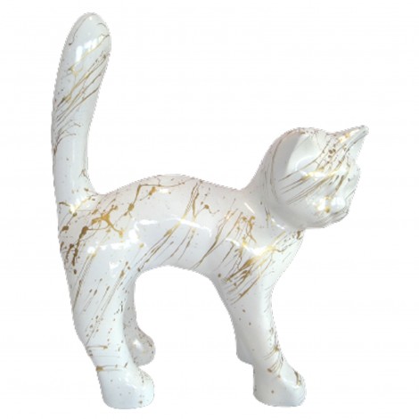 Statue chat en résine queue droite multicolore fond blanc et doré 45 cm
