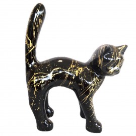 Statue chat en résine queue droite multicolore fond noir et doré 45 cm