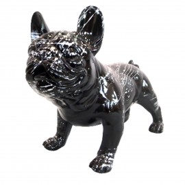Statue chien en résine bouledogue Français debout noir et argent - 40 cm