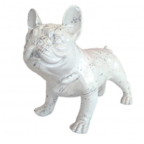 Statue chien en résine bouledogue Français debout blanc et argent - 40 cm