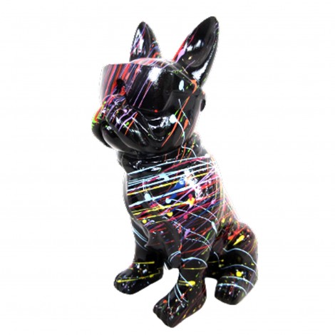 Statue en résine CHIEN bouledogue français a lunettes fond noir splash - 18 cm