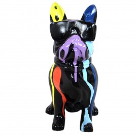 Statue en résine CHIEN bouledogue français a lunettes fond noir trash - 18 cm