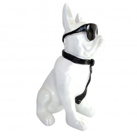 Statue chien bouledogue Français à lunette blanc en résine 60 cm