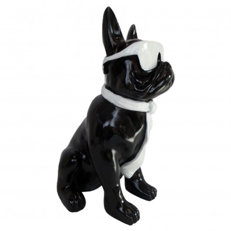 Statue chien bouledogue Français à lunette en résine noire 60 cm