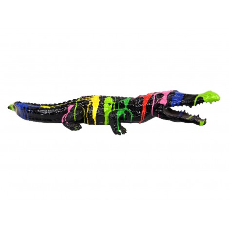 Statue crocodile multicolore fond noir trash - 110 cm