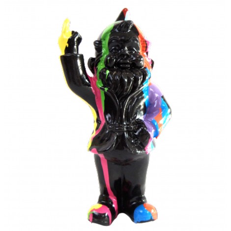 Statue en résine NAIN de jardin doigt d'honneur multicolore fond noir- 15 cm