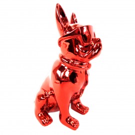 Statue chien bouledogue Français à lunette rouge chromé en résine 18 cm