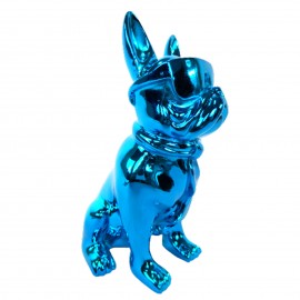 Statue chien bouledogue Français à lunette bleu chromé en résine 18 cm