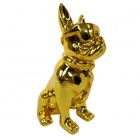 Statue chien bouledogue Français à lunette doré chromé en résine 18 cm