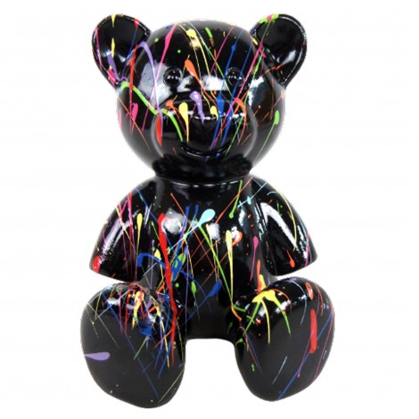 Statue Ours multicolore en résine fond noir splash - 15 cm