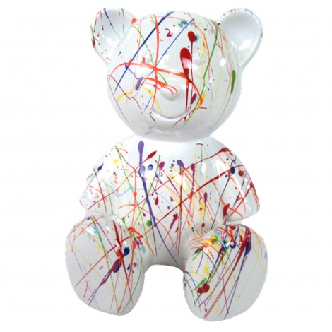 Statue Ours multicolore en résine fond blanc splash - 15 cm