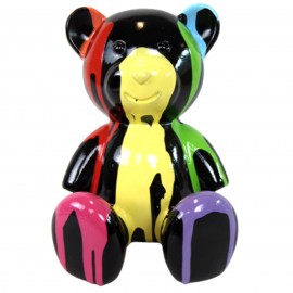 Statue Ours multicolore en résine fond noir trash - 15 cm