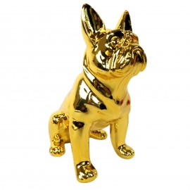 Statue chien bouledogue Français assis doré chromé en résine 18 cm