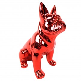 Statue chien bouledogue Français assis rouge chromé en résine 18 cm